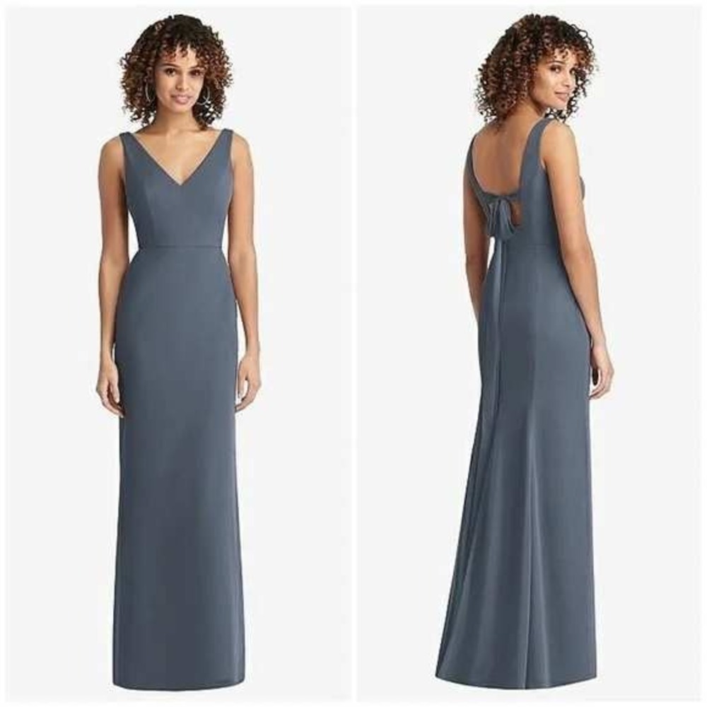 Social Gray Elegant Chiffon Sleeveless V-Neck Tie Back Trumpet Dress Size 14 NWT